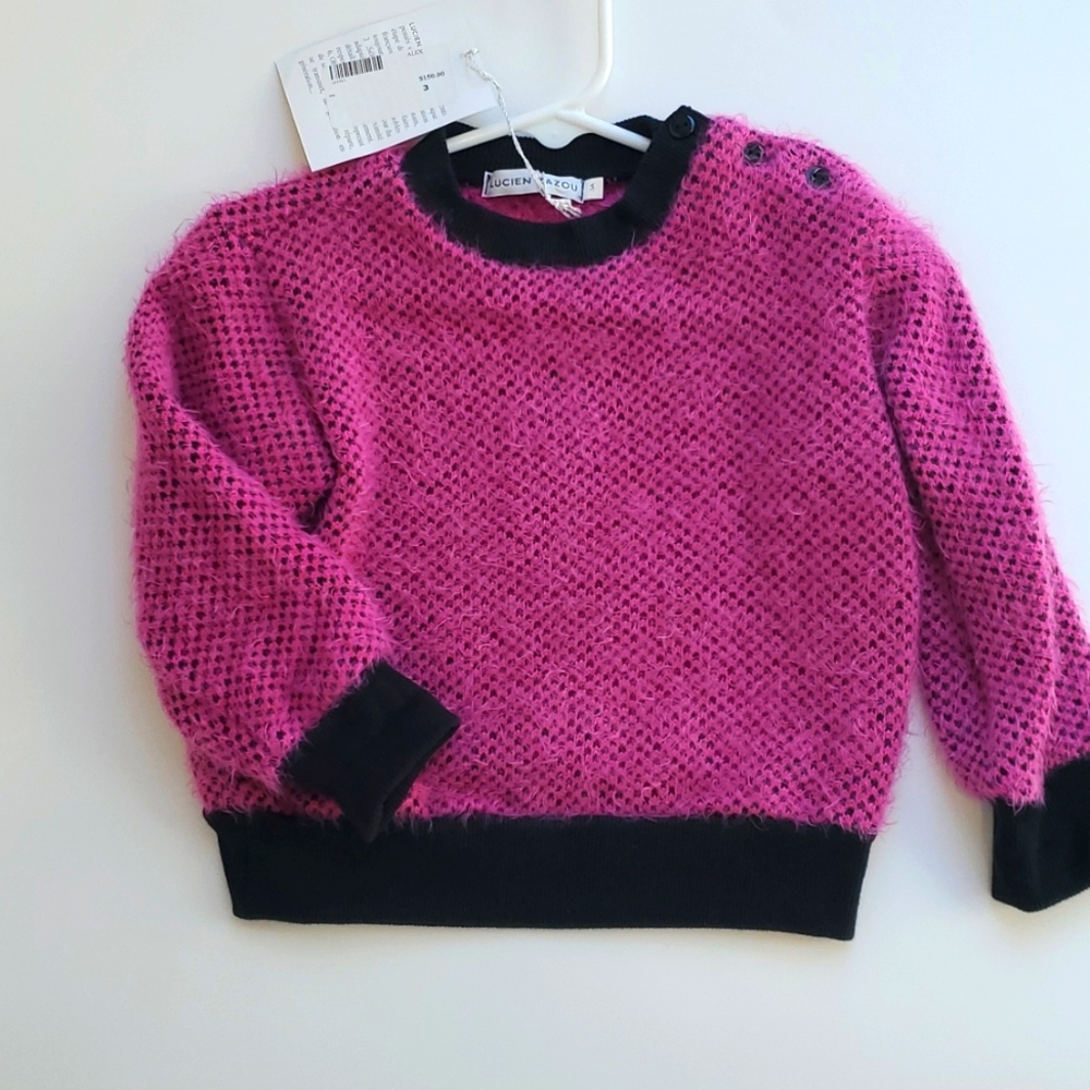 Lucien Zazou Girls Hot Pink Black Fuzzy Sweater